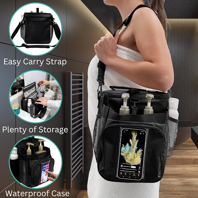 TERRA HOME Portable XL Shower Caddy Bag - College Dorm Room Essentials for Men, Women, Students - Foldable, Water Resistant with Hanging Keychain Hook and Shoulder Strap Shower Organizer Bag (Black)