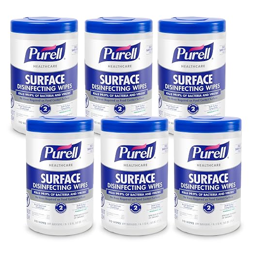 PURELL Healthcare Surface Disinfecting Wipes, 110 Count Canister, 7”x 10” Wipes (Pack of 6) – 9340-06