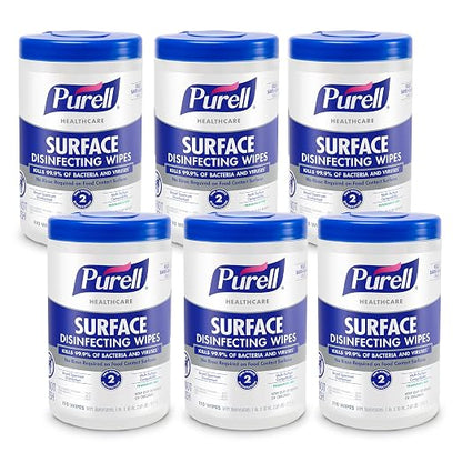 PURELL Healthcare Surface Disinfecting Wipes, 110 Count Canister, 7”x 10” Wipes (Pack of 6) – 9340-06