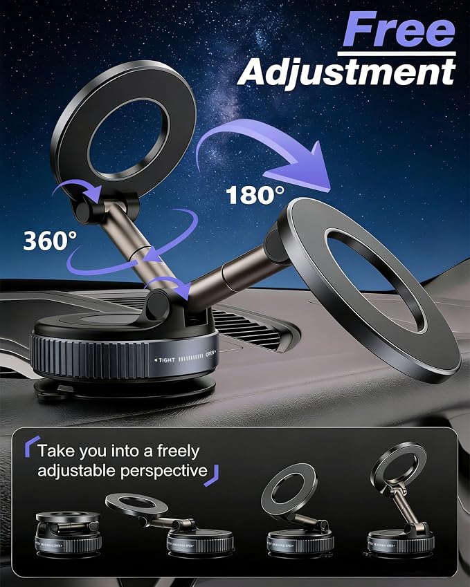 Vacuum Magnetic Phone Holder for Car,2800gf Strong Magnetic Phone Mount,360° Adjustable & Reinforced Suction Cup for Dashboard/Mirror,Car Phone Holder Compatible with iPhone Androi（Deep Black）