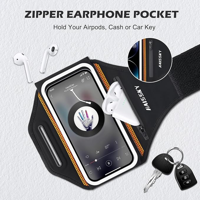 Phone Armband for Running 3D Design Cell Phone Armband with Zipper Pocket for Earbuds Car Keys, Water Resistant Sport Arm Band for iPhone 14 13 12 11 Pro Galaxy S20 S30 Fit Up to 6.9'' with Phone Case
