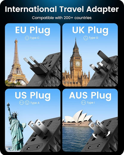 LENCENT 85W Universal Travel Power Adapter with Retractable USB C Cable | GaN International Travel Adapter with 1 USB-A & 3 Type C Fast Charging, Worldwide Plug Adaptor for US to EU UK Type C/G/A/I