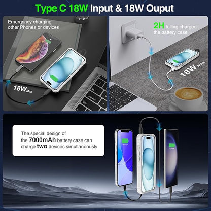 GIN FOXI Battery Case for iPhone 15/15 Pro, Rechargeable Charing Cases 7000mAh Portable Juice Box Fast Charger Cover Battery Pack for 15/15 Pro Built-in Cable, Grey(6.1”)