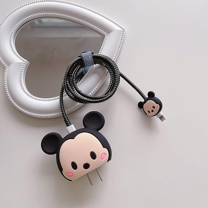 3D Cute Cartoon Charger Protector Case - Compatible for Apple 20W USB-C Power Adapter and Lightning Cable (Black MouseA)