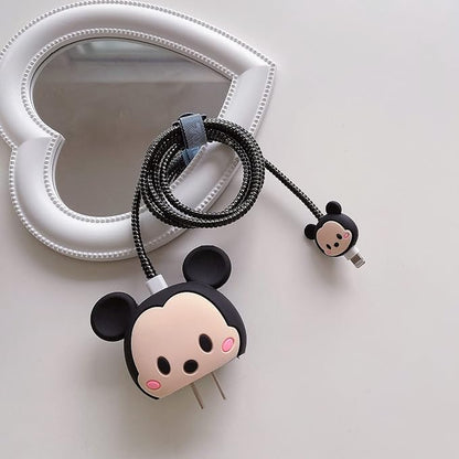 3D Cute Cartoon Charger Protector Case - Compatible for Apple 20W USB-C Power Adapter and Lightning Cable (Black MouseA)