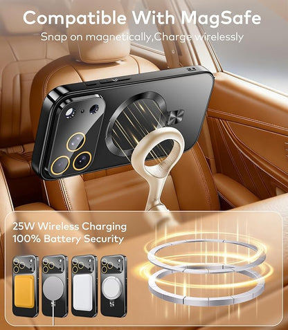 Magnetic for iPhone 17 Pro Max Case with Ring Stand, Fits MagSafe, with Built-in Camera Lens Protector, Slim Electroplated Shockproof Phone Cover, Black