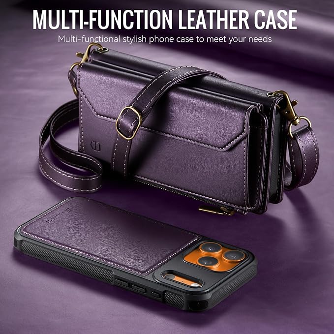 Strapurs for iPhone 17 Pro Max Detachable Wallet Case Compatible with Magsafe, RFID Blocking 9-Card Holder Zipper Strap Lanyard PU Leather Magnetic Phone Case for iPhone 17 Pro Max 6.9", Purple