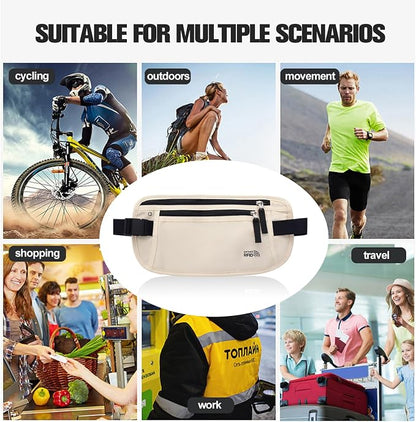 Unisex Money Belt For Men and Women, Slim Passport Holder RFID Blocking Travel Essentials Bags with Adjustable Strap Small Waist Pouch for Workout Running Travelling Hiking, Cream White