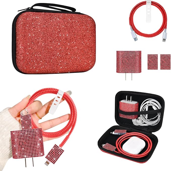 Luxury Phone Charger Case Storage Sets Wire Saver Cable Protector with Travel Storage Bag, Soft Sparkle Cable Charger Protector Cord Organizer for iPhone (Glitter Red)