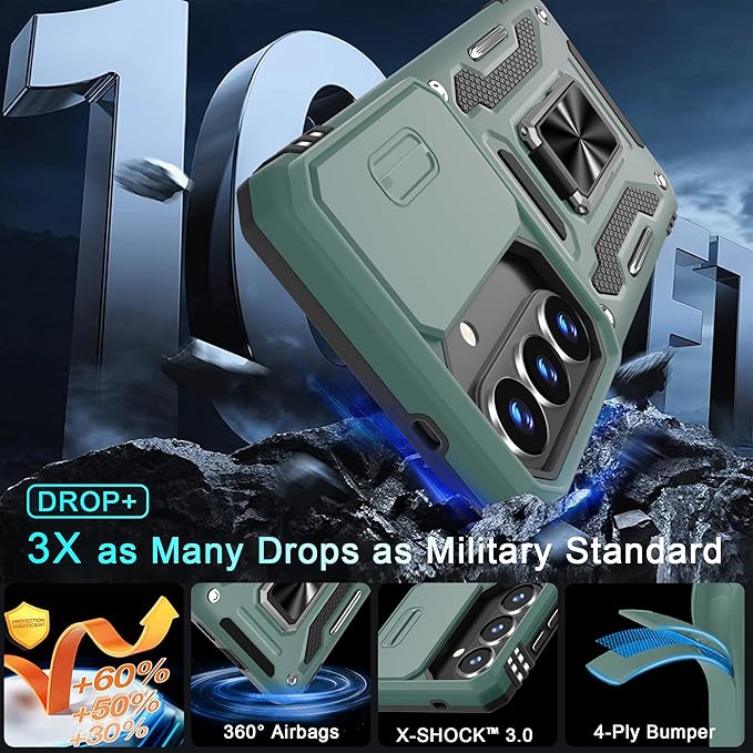 DEERLAMN Case for Samsung Galaxy A37 5G with Slide Camera Cover+Screen Protector (1 Pack), Rotated Ring Kickstand Military Grade Shockproof Protective Cover-Green