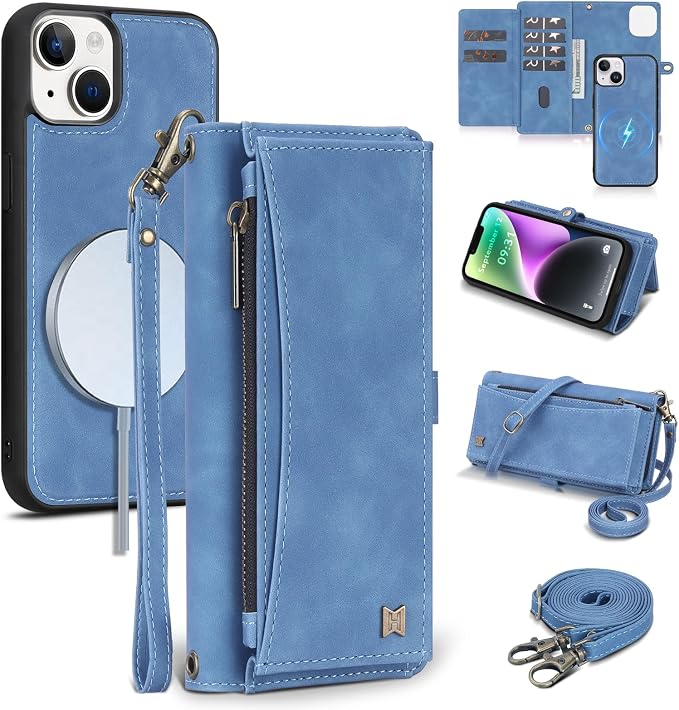 Wallet Case for iPhone 14 with Card Holder/Crossbody Wallet/Strap| RFID Blocking | Magnetic | Kickstand | Detachable | PU Leather Phone Case for iPhone 14,6.1 in,Sky Blue
