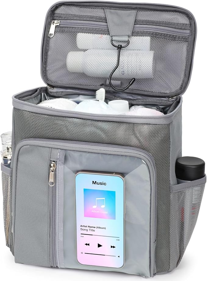 F-color Shower Caddy Portable for College Dorm Essentials - Large Hanging Sturdy Handle Toiletry Tote Bag with Hook, Multiple Pockets, Quick Dry Organizer for Camping, Travel, Gym, Grey