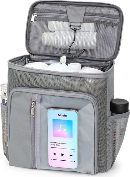 F-color Shower Caddy Portable for College Dorm Essentials - Large Hanging Sturdy Handle Toiletry Tote Bag with Hook, Multiple Pockets, Quick Dry Organizer for Camping, Travel, Gym, Grey