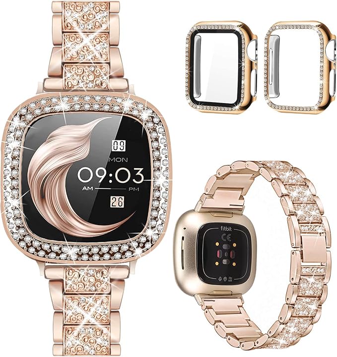 Compatible with Fitbit Versa 4/Sense 2 with Case Women, Jewelry Replacement Metal Wristband Strap with Bling PC Protective Cover for Fitbit Versa 3/Sense (Fitbit Versa 3/Sense, Rose Gold)