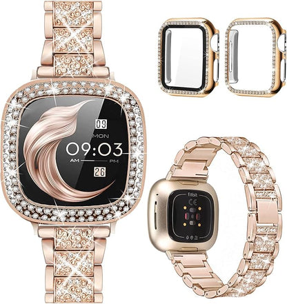 Compatible with Fitbit Versa 4/Sense 2 with Case Women, Jewelry Replacement Metal Wristband Strap with Bling PC Protective Cover for Fitbit Versa 3/Sense (Fitbit Versa 3/Sense, Rose Gold)