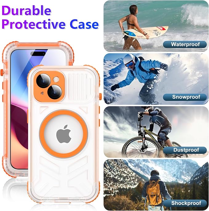 Temdan Magnetic for iPhone 15 Case Waterproof,[Built-in Screen & Camera Protector][Full Body Shockproof][IP68 Underwater][Dustproof] Shockproof Phone Case for iPhone 15 6.1"-Orange