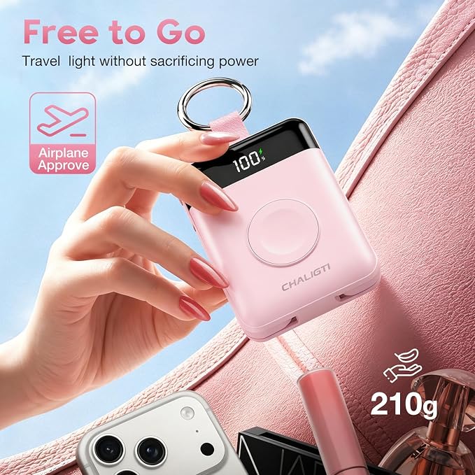 10000mAh Portable Charger,PD 22.5W Super Fast Charging Power Bank with Built-in Cables, Travel Keychain Battery Pack for iPhone 17/16/15/14/13/12,Apple Watch Ultra/11/10/9/8/7/6/SE (Pink)