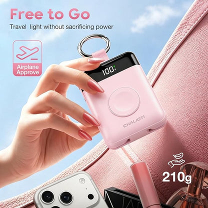 10000mAh Portable Charger,PD 22.5W Super Fast Charging Power Bank with Built-in Cables, Travel Keychain Battery Pack for iPhone 17/16/15/14/13/12,Apple Watch Ultra/11/10/9/8/7/6/SE (Pink)