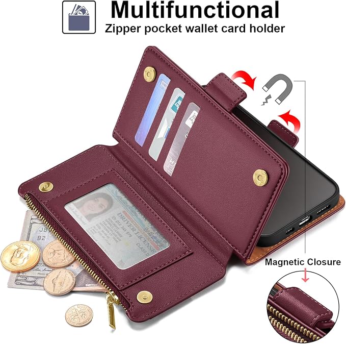 Antsturdy Compatible with iPhone 14 Wallet Case RFID Blocking,PU Leather Phone Case Women Men Flip Shockproof Cover with Wrist Strap Zipper Pocket Credit Card Holder Slots,for Apple 14 6.1" Wine Red