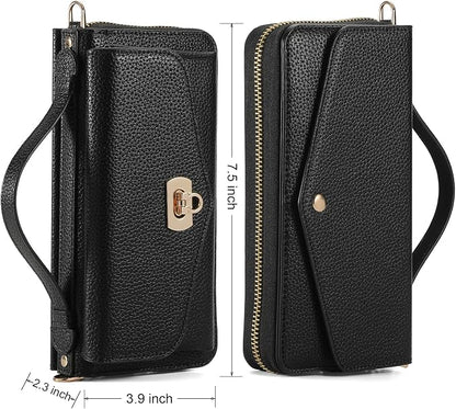 Crossbody Wallet Case for iPhone 16 Pro Max, Magnetic Detachable Floral PU Leather Phone Case with RFID Blocking Card Holder Wristlet Mirror Flip Zipper Shoulder Purse for Wome - Black B