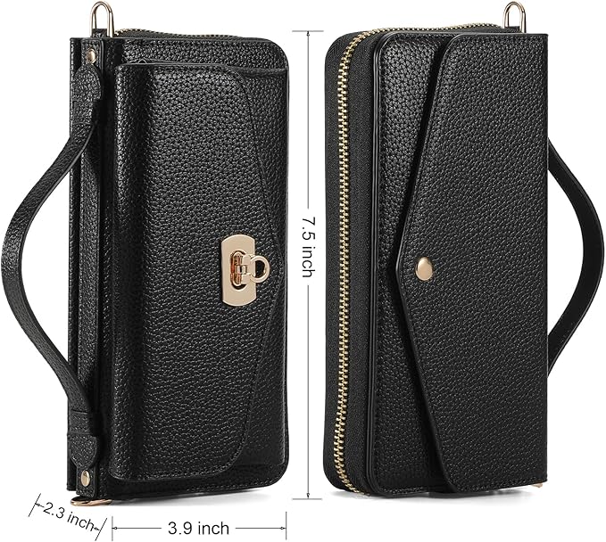 Crossbody Wallet Case for iPhone 16 6.1", Magnetic Detachable PU Leather Phone Case with RFID Blocking Card Holder Wristlet Mirror Flip Zipper Shoulder Purse Clutch for Women - Black B
