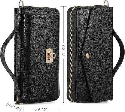 Crossbody Wallet Case for iPhone 16 6.1", Magnetic Detachable PU Leather Phone Case with RFID Blocking Card Holder Wristlet Mirror Flip Zipper Shoulder Purse Clutch for Women - Black B
