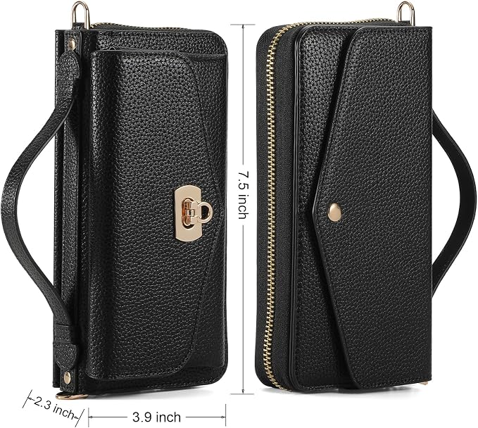 Crossbody Wallet Case for iPhone 16 Pro 6.3", Magnetic Detachable Floral PU Leather Phone Case with RFID Blocking Card Holder Wristlet Mirror Flip Zipper Shoulder Purse for Women - Black B