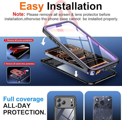 SPIDERCASE for iPhone 17 Pro Max Case Waterproof, Built-in Lens & Screen Protector, Full Heavy Duty Protection, 12FT Military Shockproof, Dustproof, Anti-Scratched Phone Case,Purple/Clear