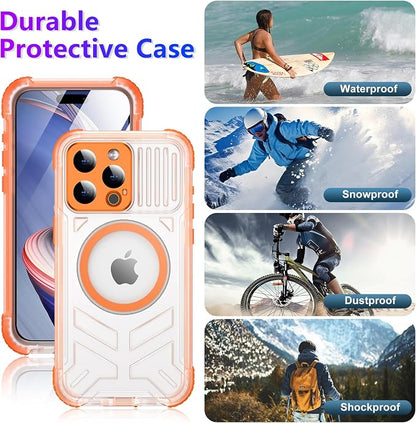 2024 Upgrade for iPhone 15 Pro Case Waterproof,[Compatible With MagSafe][Built-in Screen&Camera Protector][Full Body Dropproof][IP68 Underwater][Clear Sound]Shockproof Phone Case 6.1" Orange/Clear