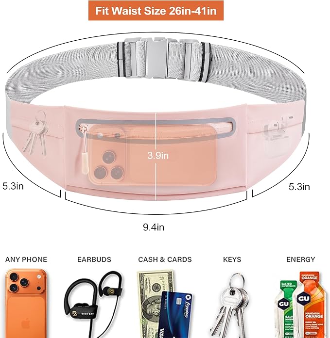 Slim Running Belt for Men Women - No-Bounce Phone Holder Waist Pack, Runners Fanny Pack with Sweat-Proof Pocket ，Travel Money Pouch for Gym/Hiking/Cycling (Light Pink)