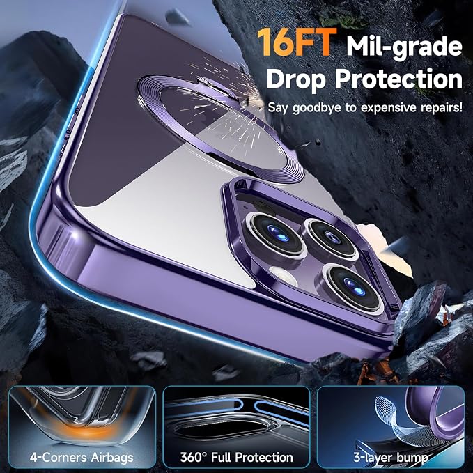 [Tri-Shield Protection] for iPhone 14 Pro Max Case with 360° Spin Stand Compatible with MagSafe [Magnetic CD Ring][Screen & Camera Lens Protector]Shockproof Plating Never-Yellowing, Purple-6.7"