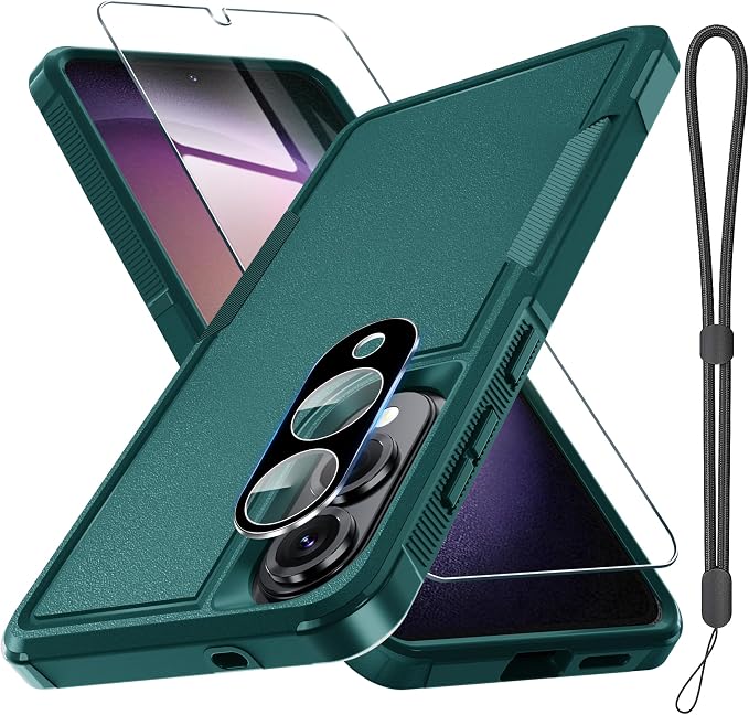 RMOCR Case for Samsung Galaxy S25 Edge, Full Body Heavy Duty Rugged Shockproof Protective Phone Cover with Lanyard Strap, Tempered Glass Screen Protector and Camera Lens Cover, Dark Green