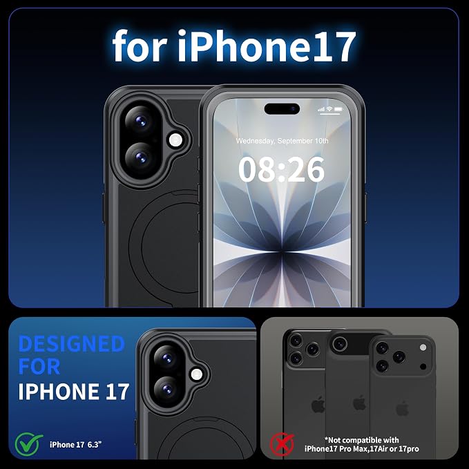 ANTSHARE Magnetic for iPhone 17 Case Waterproof, Built in Screen Protector [Compatible with MagSafe] [Invisible Stand] [IP68 Underwater], Full Body Protection Phone Case 6.3'', Black