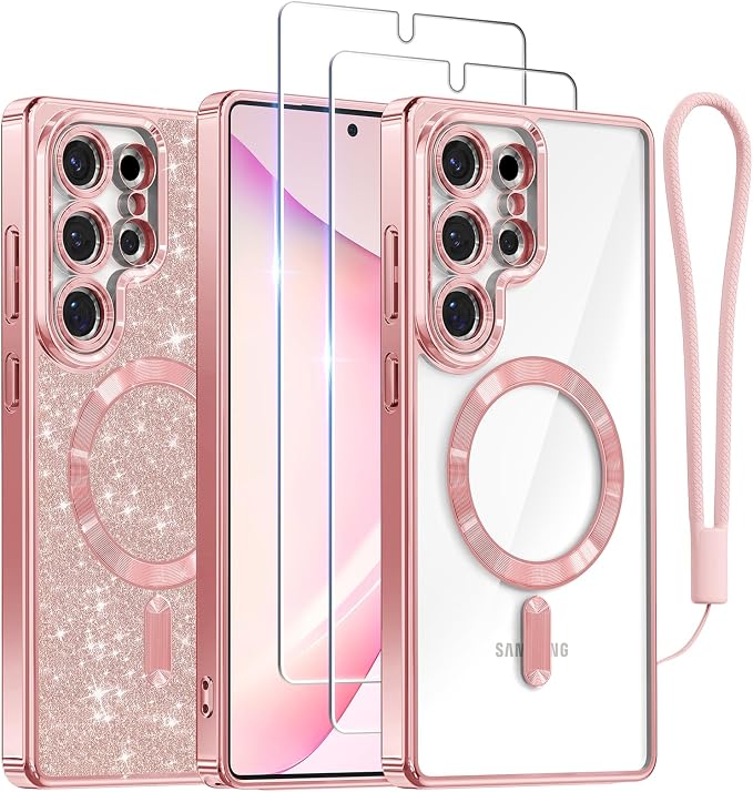 Meifigno Case Designed for Samsung Galaxy S25 Ultra 6.9 inch, [Compatible with MagSafe] [2X HD Screen Protectors] [Glitter Card & Wrist Strap] Full Lens Protection Case for Galaxy S25 Ultra, Rose Gold | 6.9 inch