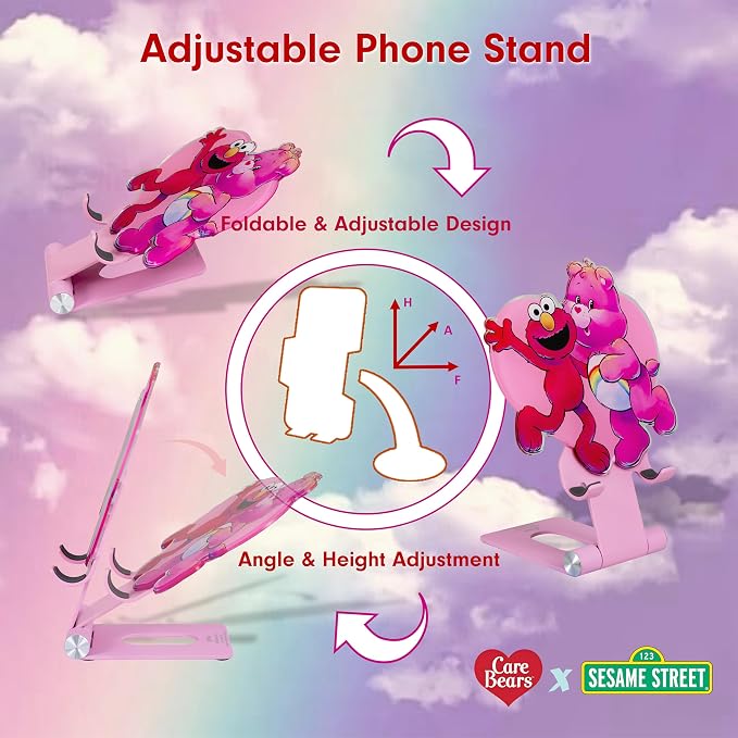 Sonix Character Phone Stand | Adjustable Cell Phone Holder, Desk Stand, Dock | Care Bears x Sesame Street Pink | Cheer Bear & Elmo