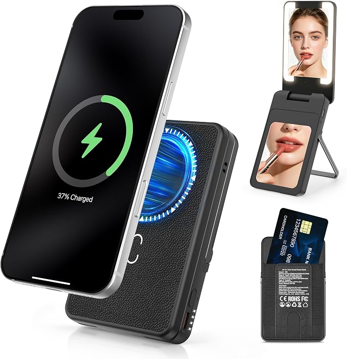 Magnetic Wireless Power Bank 5-in-1, 5000mAh Portable Charger with LED Mirror, Phone Stand, Card Holder & Bluetooth Remote, 20W Fast Charging for iPhone & Android, Travel Essential for Women