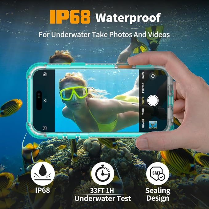 for iPhone 16 Waterproof Case, Compatible with MagSafe, IP68 Built-in Camera Control, Military Shockproof & Screen Protector for Water Sports, 6.1 Inch Frosted Teal