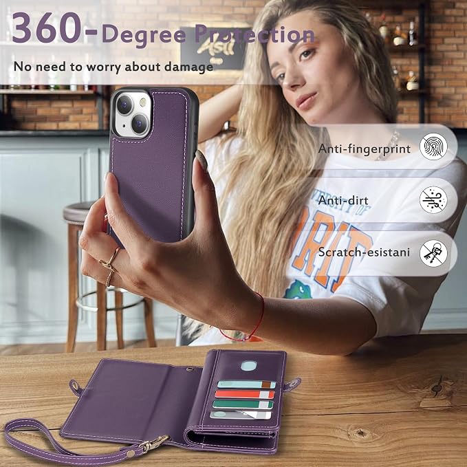 for Wallet Case Compatible with iPhone 14,Multi-Function Detachable 2 in 1 Magnetic iPhone 14 Case Wallet,Flip Strap Zipper Card Holder Phone Case with Shoulder Straps (Pruple)