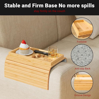 Couch Arm Tray,Sofa Arm Tray Bamboo Sofa Tray Table for Couch,Anti-Slip Arm Table Clip On Tray Sofa Table,Foldable Sofa Armrest Tray Couch Cup Holder for Snacks,Phone,Remote,Cups