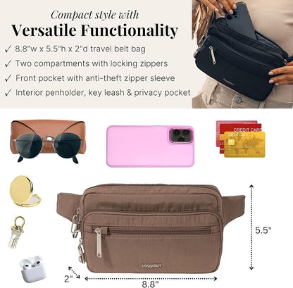 Baggallini Securtex Anti-theft Belt Bag 8.8"x5.5" Crossbody Fanny Pack for Women RFID Wallet Locking Zipper Travel Purse