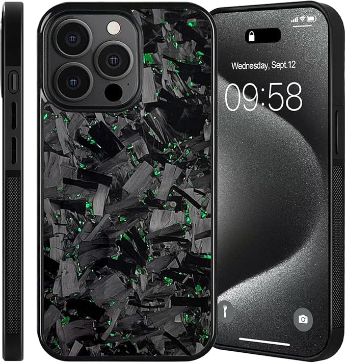 Hexafiber Phone Case,Forged Carbon Fiber Flakes Case,All-Inclusive,Support Wireless Charging,Anti-Slip Sides for iPhone Series (for iPhone 15 Pro,Green)