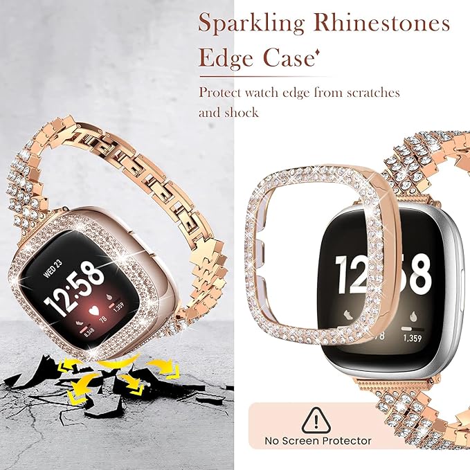 Bling Watch Band Compatible with Fitbit Versa 3/Sense for Women, Adjustable Crystal Alloy Strap Rhinestone Stainless Steel Metal Wristband Replacement (Rose Gold)