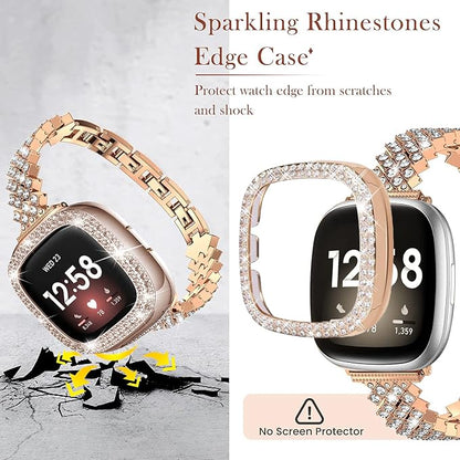 Bling Watch Band Compatible with Fitbit Versa 4/ Fitbit Sense 2 for Women, Adjustable Crystal Alloy Strap Rhinestone Stainless Steel Metal Wristband Replacement for Fitbit Sense2/Versa 4(Rose Gold)