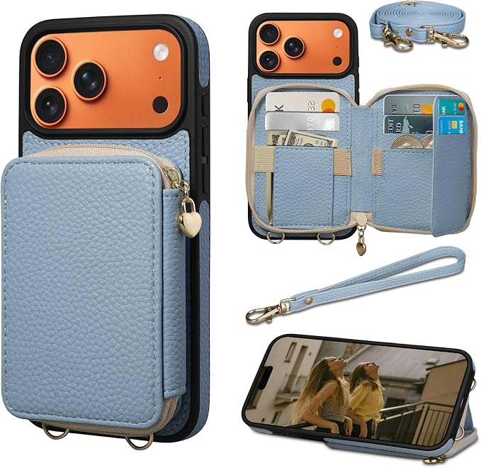 Keallce Case for iPhone 17 Pro Max 6.9'' Case Wallet, Crossbody Zipper Purse with RFID Blocking Card Slots Kickstand, Lanyard & Handstrap Flip Folio Leather Phone Cover for iPhone 17 Pro Max, Blue