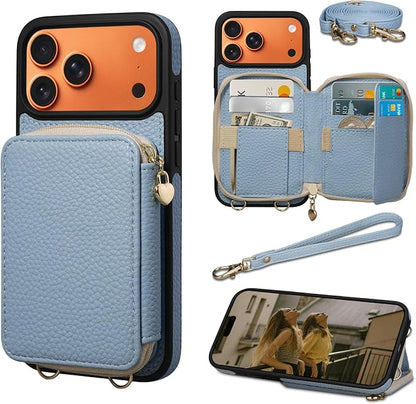 Keallce Case for iPhone 17 Pro Max 6.9'' Case Wallet, Crossbody Zipper Purse with RFID Blocking Card Slots Kickstand, Lanyard & Handstrap Flip Folio Leather Phone Cover for iPhone 17 Pro Max, Blue