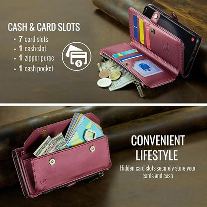 Strapurs Crossbody Wallet Case Compatible with Samsung Galaxy S22 5G RFID Blocking Card Holder Soft PU Leather Magnetic Snap Shoulder Strap Zipper Pocket Phone Case Fit for Galaxy S22 6.1" - Wine Red