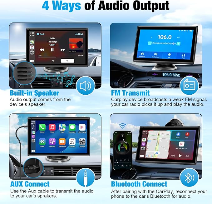 7 inch Carplay Screen for Car - Supports Wireless Apple Carplay & Android Auto, Portable Touchscreen with Bluetooth, Navigation, Voice Control, Mirror Link,Universal for All Cars (Black)