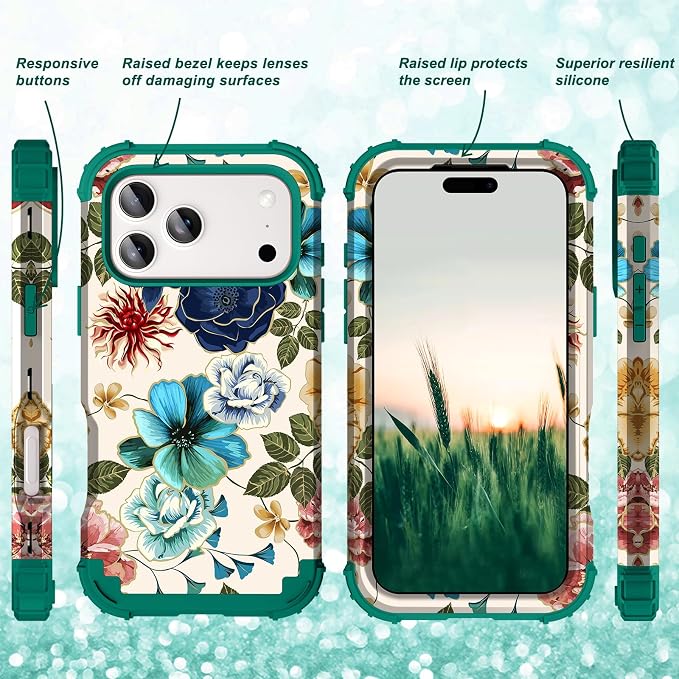 Hocase for iPhone 17 Pro Max Case, Heavy Duty Shockproof Protection Soft Silicone Rubber+Hard Plastic Bumpers Hybrid Protective Case for iPhone 17 Pro Max 2025 - Teal Flowers