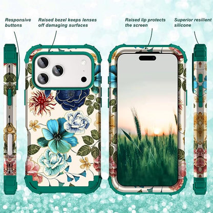 Hocase for iPhone 17 Pro Case 6.3", Heavy Duty Shockproof Protection Soft Silicone Rubber+Hard Plastic Bumpers Hybrid Protective Case for iPhone 17 Pro 2025 - Teal Flowers