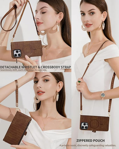 Crossbody Wallet Case for iPhone 16 Pro Max with Mirror, Wrist Strap, Zipper Purse Magnetic Flip RFID Blocking Card Holder, Wireless Charging, PU Leather Shockproof 6.9" Women (Brown)